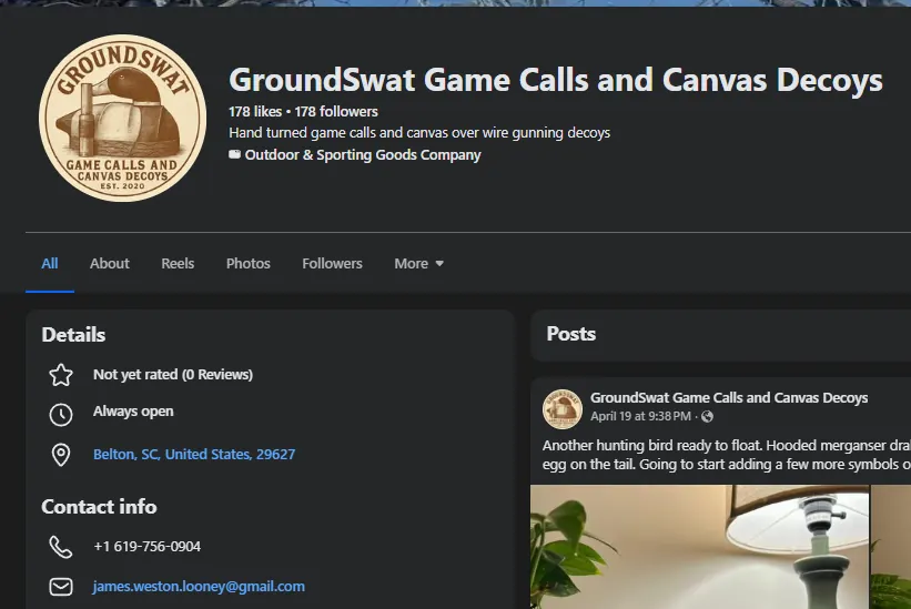 GroundSwat Facebook page screenshot with contact details.